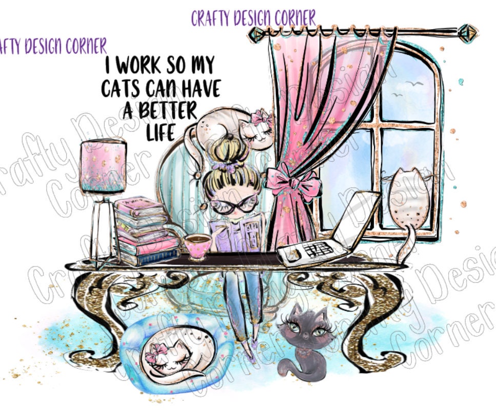 Blonde Hair Work at home with Cat PNG/JPEG DIGITAL Download