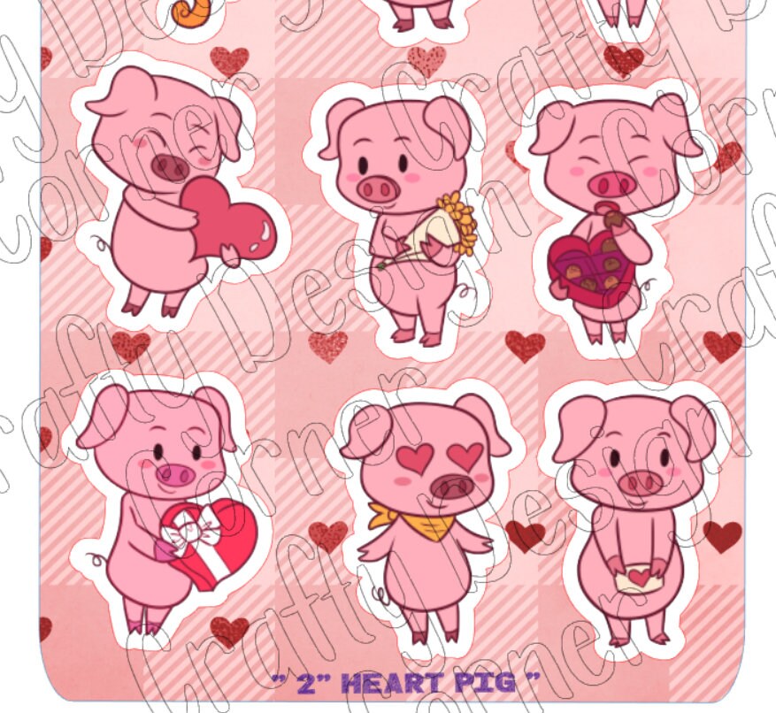 Large Sheet of 2" Valentine Heart Pigs STICKER SHEET