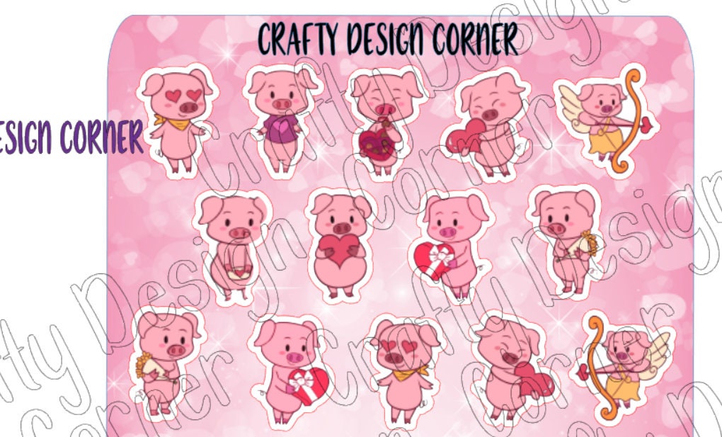 Large Sheet of 1" high Valentine Heart Pigs Stickers
