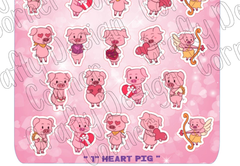 Large Sheet of 1" high Valentine Heart Pigs Stickers