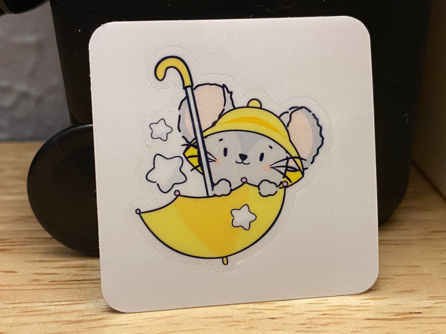Grey Mouse with Umbrella STICKER, Cute Mouse sticker, Laptop sticker, Holographic option, Grey Mouse with yellow