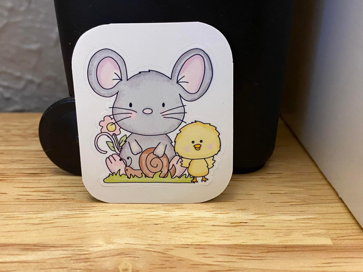 Mouse and chick STICKER, Cute Mouse sticker, Cute Chick sticker, Holographic option, Grey Mouse with yellow chick