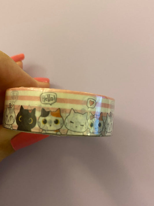 Big Roll of Kawaii Cats with Pink Stripes Washi Tape