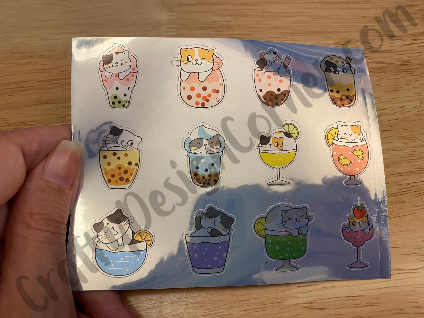 Silver Holographic Cat Boba Tea Stickers Sheet
