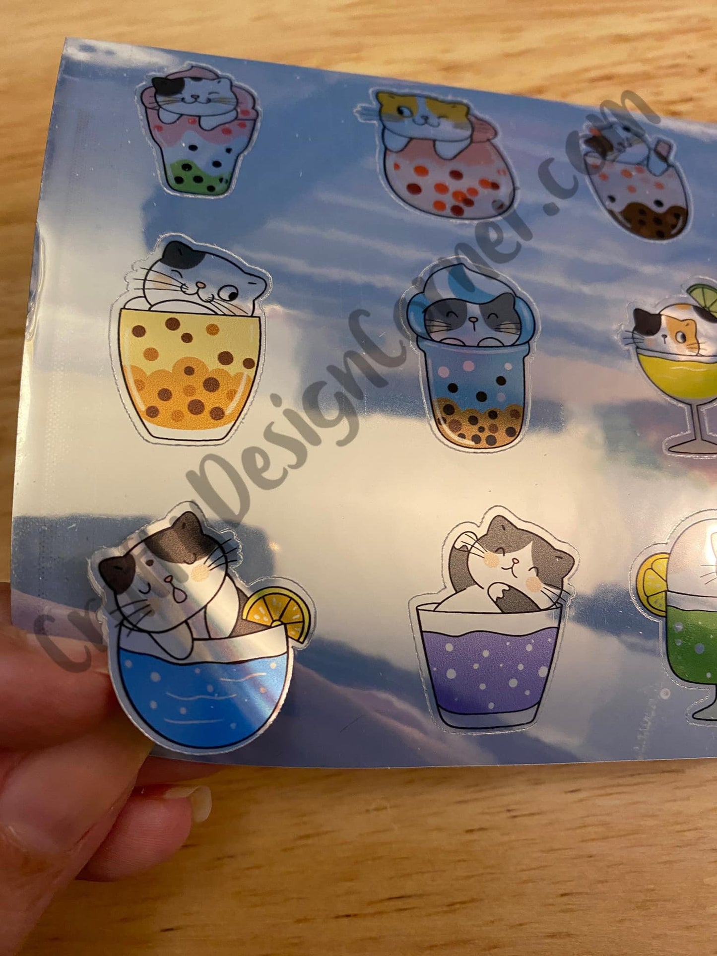 Silver Holographic Cat Boba Tea Stickers Sheet