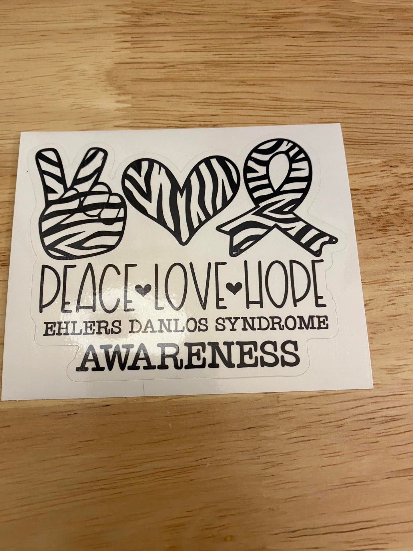Zebra Peace Love Hope EDS Awareness STICKER