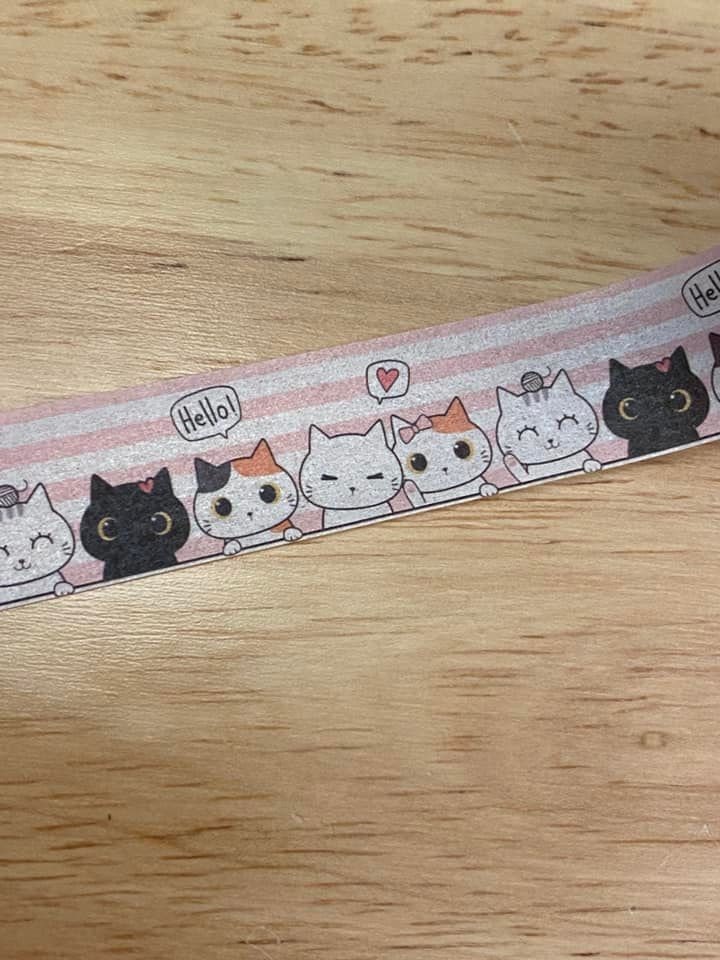 Sample Card of Kawaii Cat with pink Strips Washi Tape