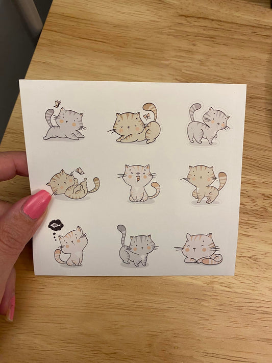 Sheet of Cute Playing Cat Stickers