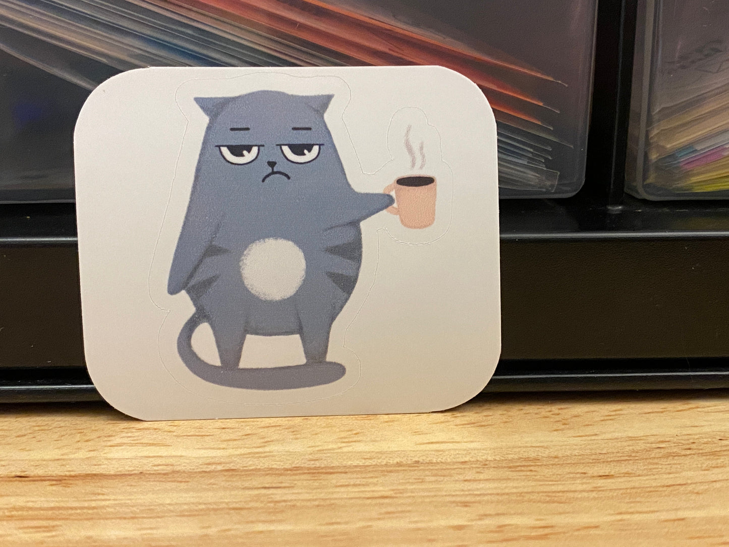 Gray Cat with Coffee Mug Sticker