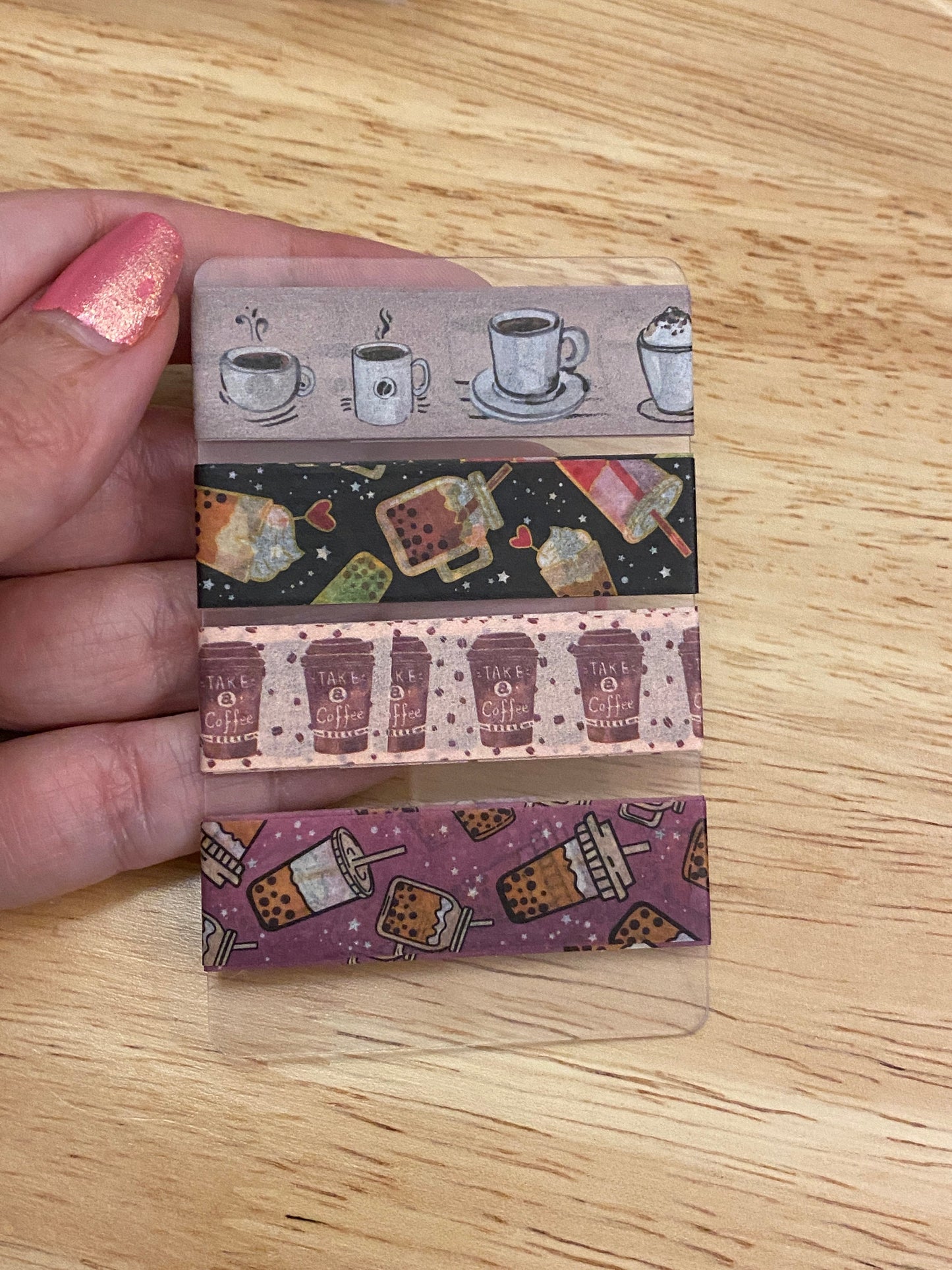 4 Coffee and Iced Coffee Washi Tape Samples on Card, Coffee Washi Tape Sample Card, Card that goes with washi tape storage, Single Card