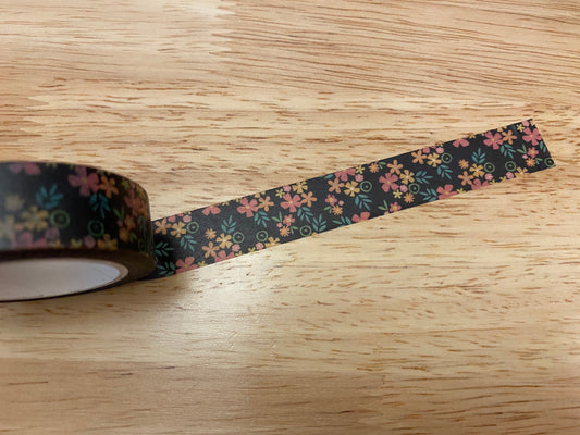 Big Roll of Black Floral Washi Tape, Cute Flower Washi Tape roll, Adhesive Masking Tapes, Pretty Flower Washi tape, Daisy looking flowers
