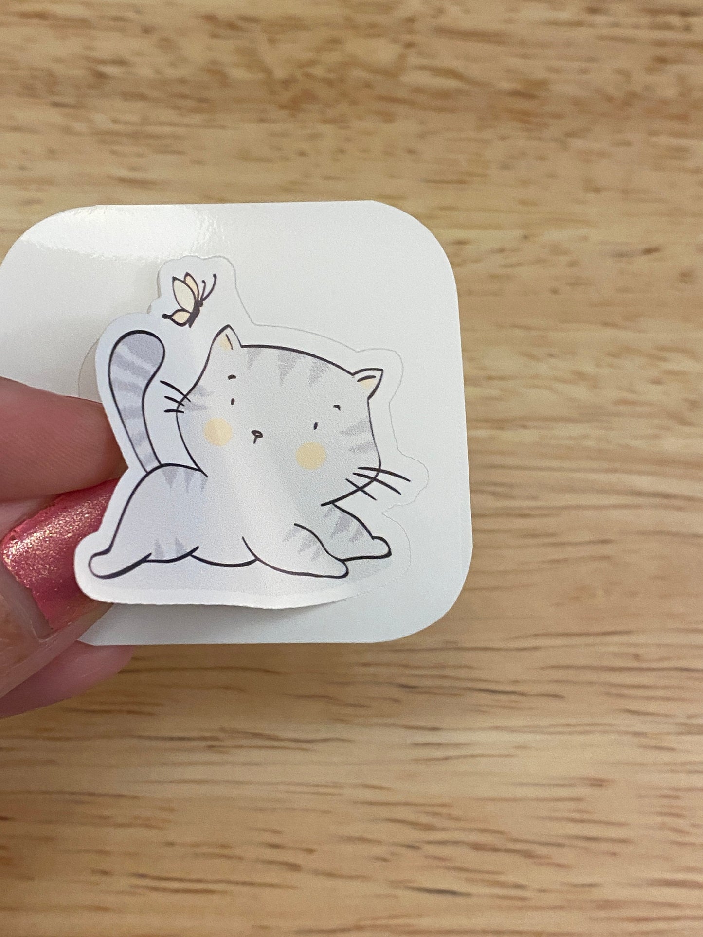 Gray Cat with ButterFly Sticker, Grey Cat coffee Sticker, Cute Cat with Bug Sticker, Butterfly Cat Sticker, cat sticker
