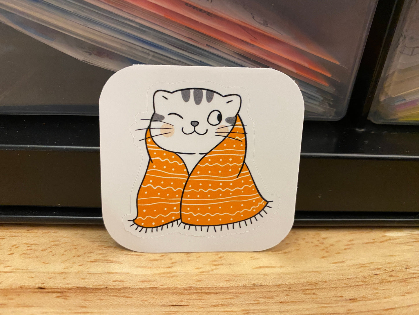 Kitty snuggling in blanket Sticker, white Cat with Blanket Sticker, Cat sticker, Cute Cat Sticker, Cat with blanket