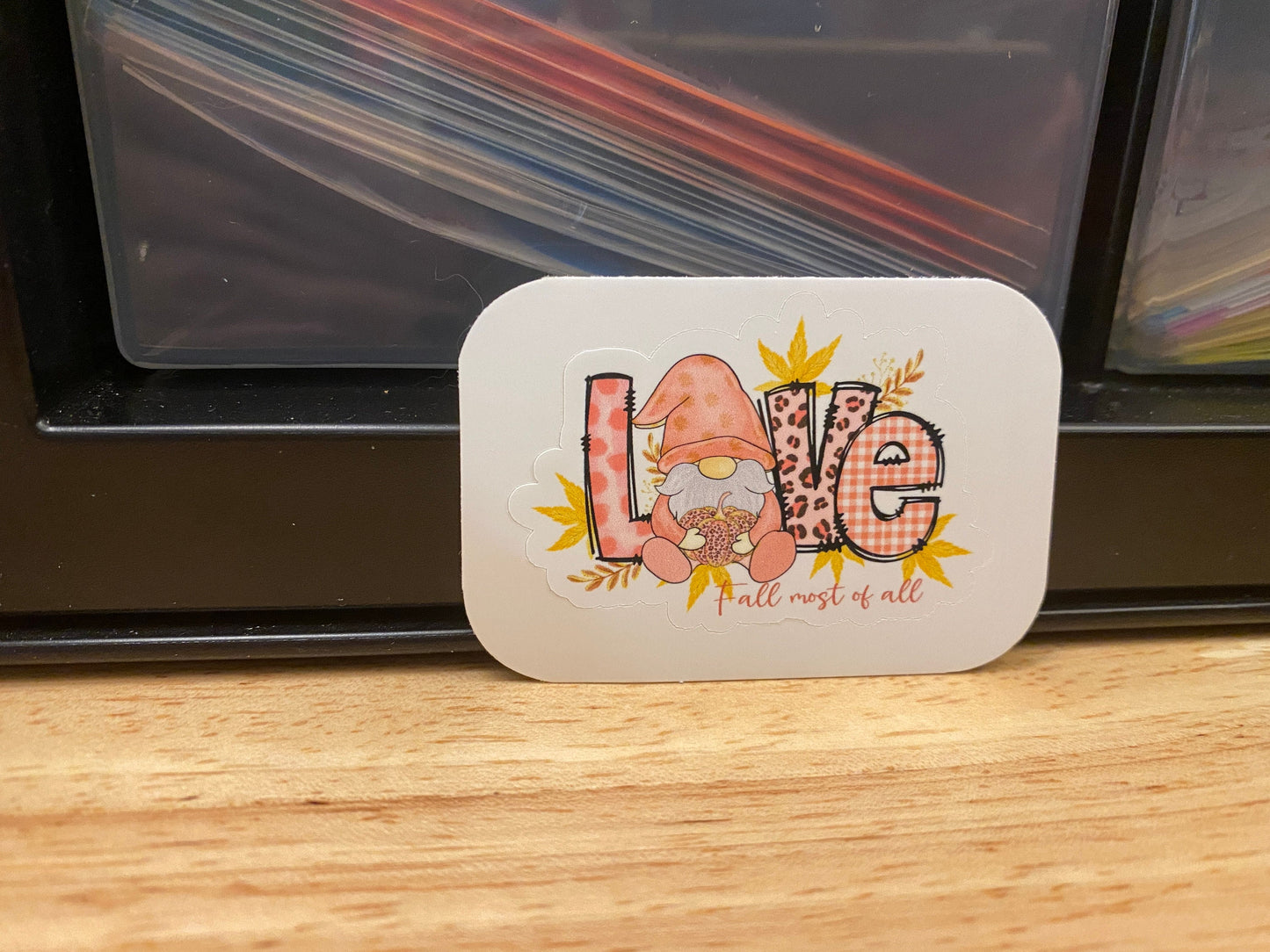 Pink Fall Love Gnome STICKER, Autumn Sticker, Holographic option, Cute Love Design Sticker, Gnomie Love design