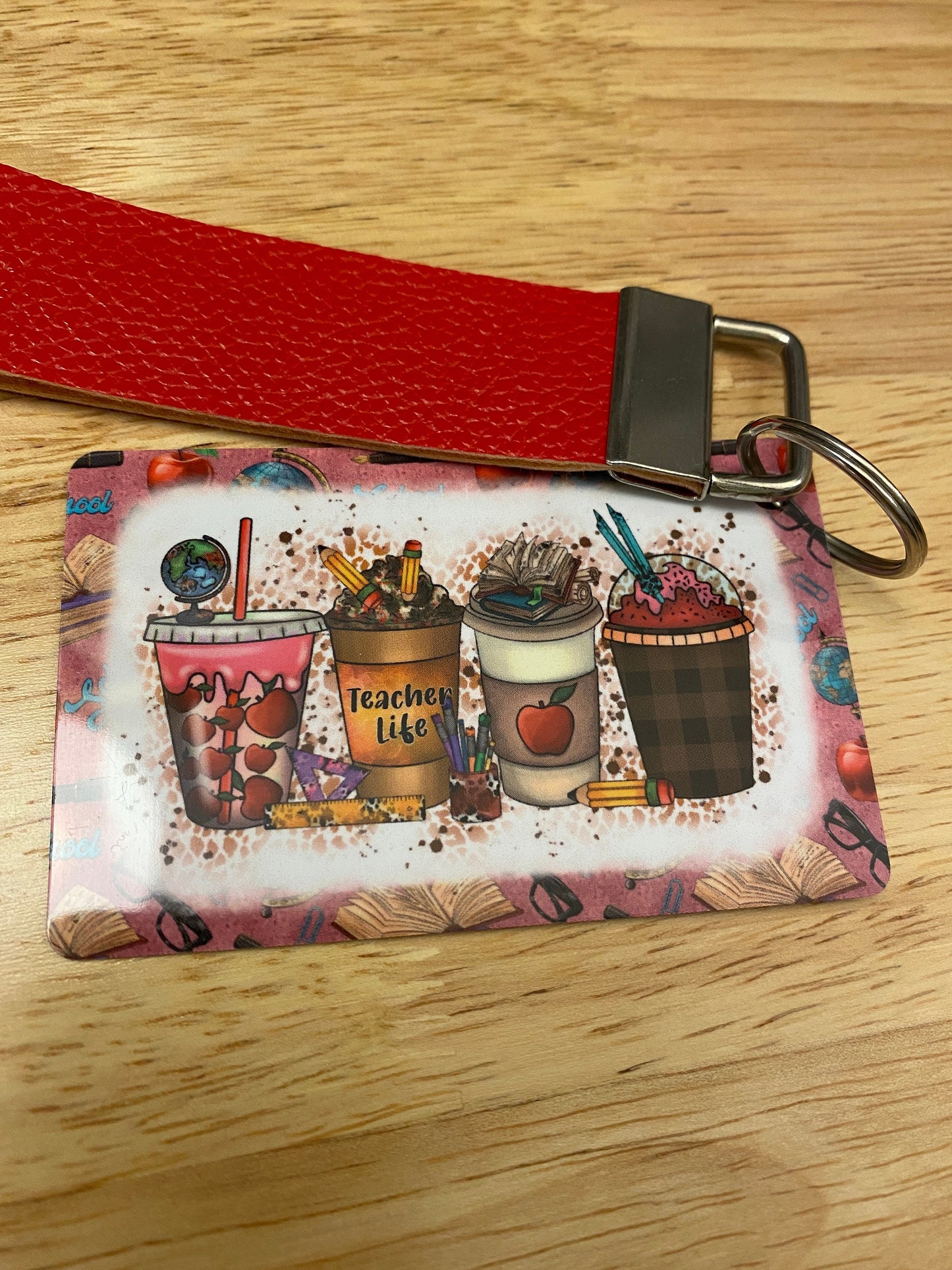 Teacher Life Key Chain with Red Faux Leather strap Double Sided