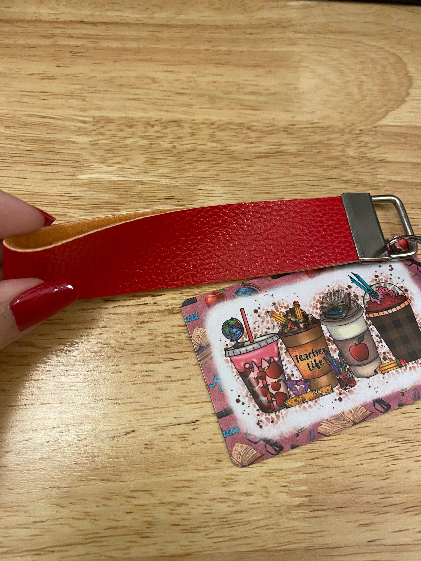Teacher Life Key Chain with Red Faux Leather strap Double Sided