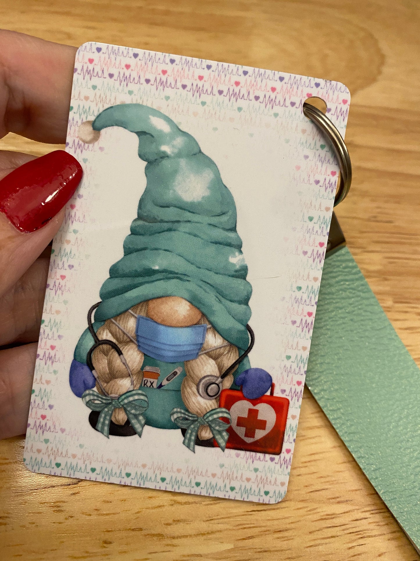Gnome Nurse Key Chain with Mint Faux Leather strap Double Sided