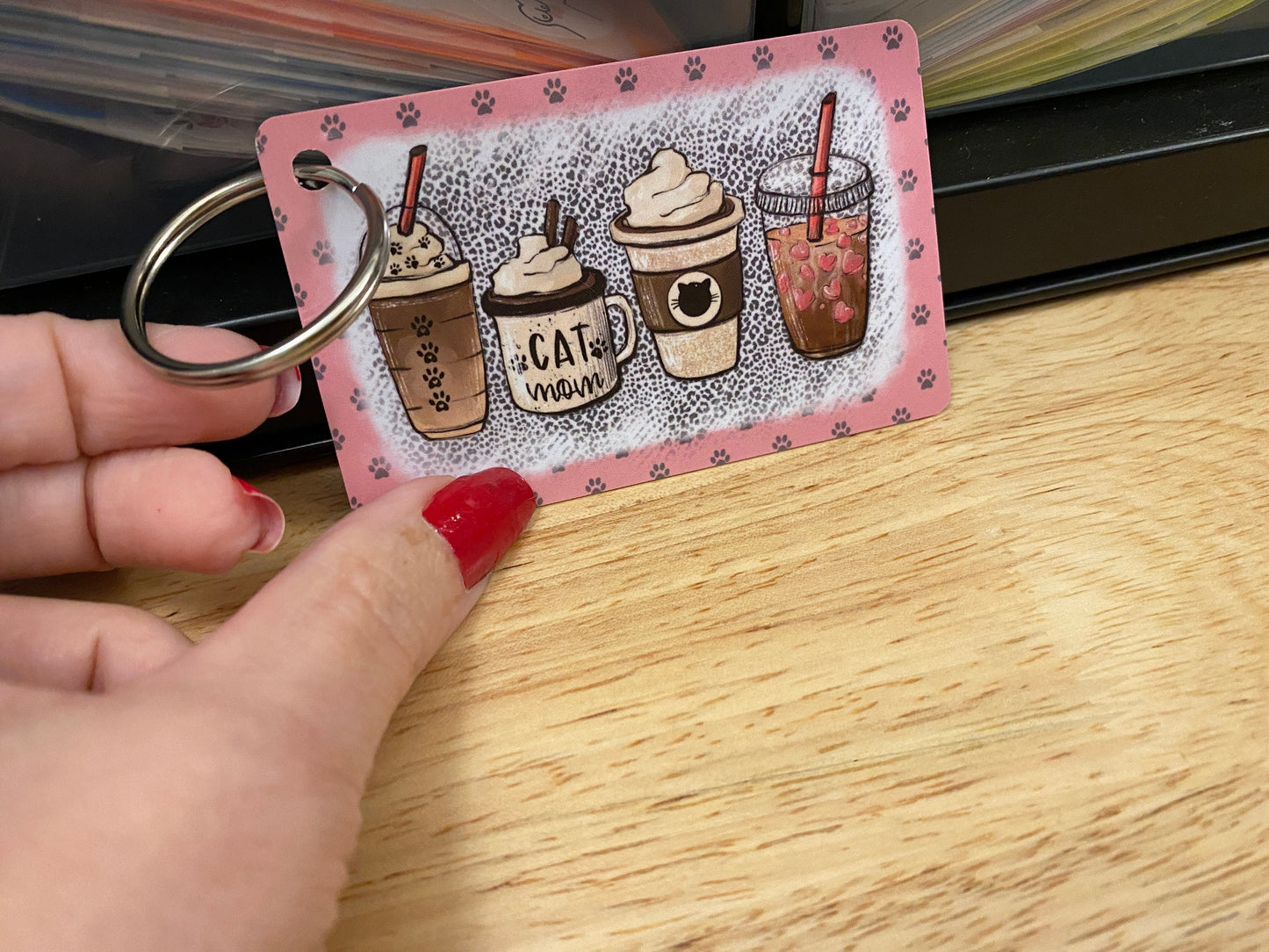 Cat Mom Coffee Lover Key Chain Double Sided