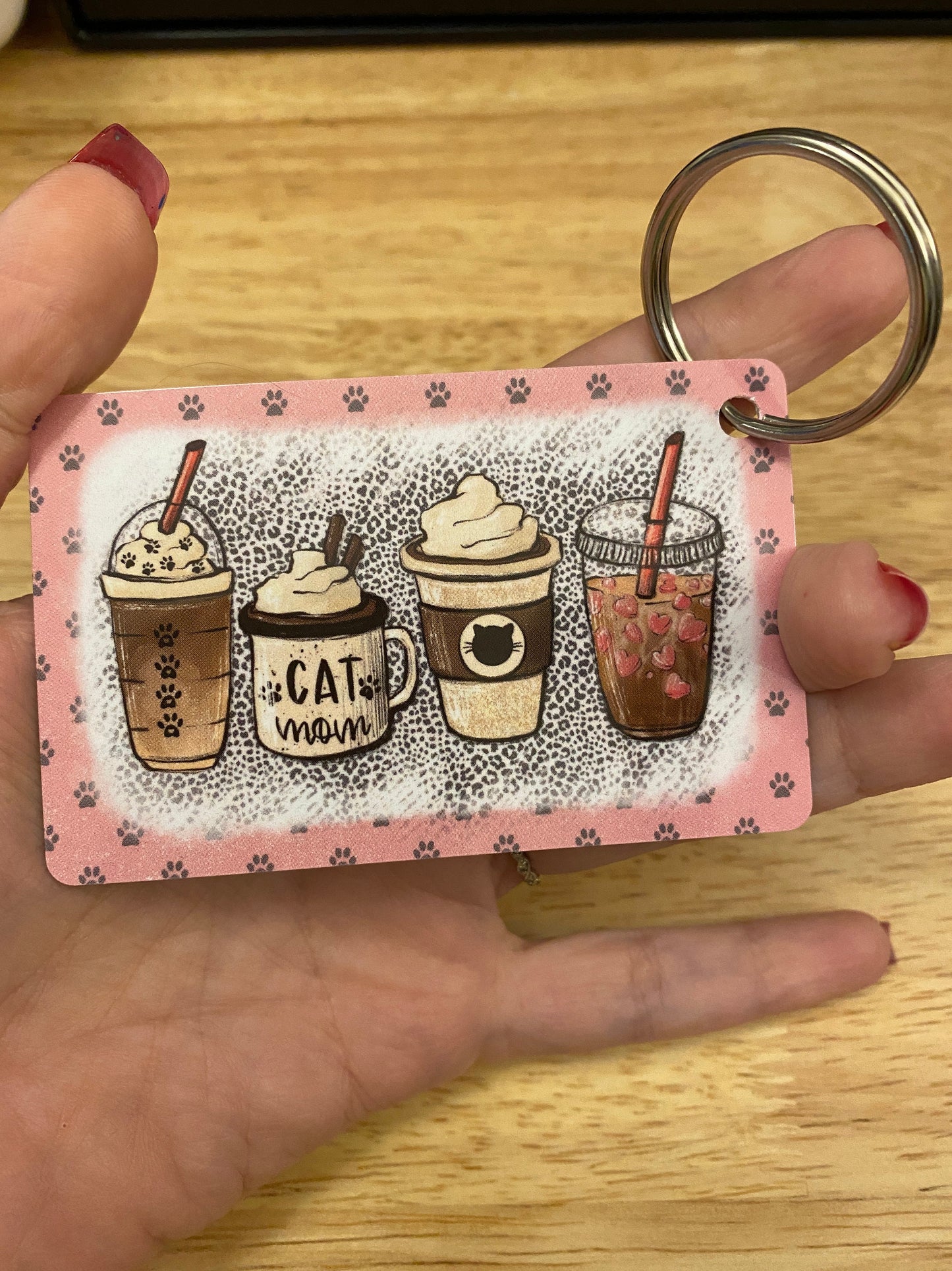 Cat Mom Coffee Lover Key Chain Double Sided