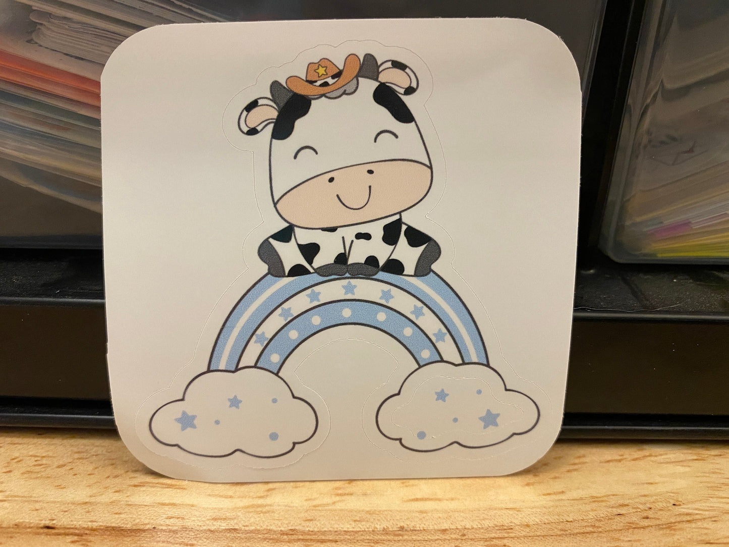 Spotted Cow on the clouds Sticker, Cow in the clouds Sticker, Cute Cow Sticker, Cow with rainbow clouds