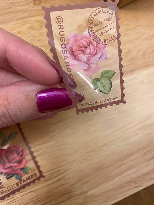 16 Rose Stamps,  PET Clear Rose Stamp Stickers, Adhesive Stickers, Pink Rose Stamps sticker