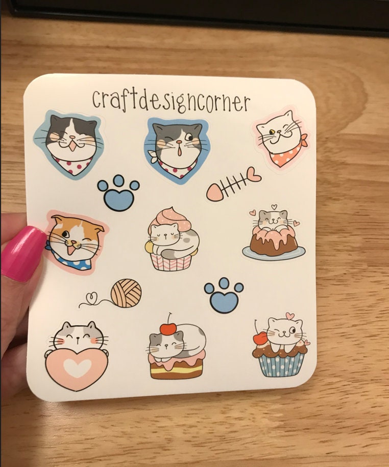 Sheet of Cute Hungry Cat Stickers, Cat Sticker sheet, Cat Food sticker sheet, Cute Cat Sticker Sheet