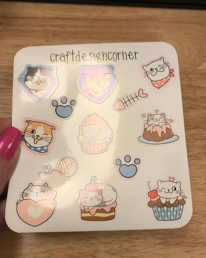 Sheet of Cute Hungry Cat Stickers, Cat Sticker sheet, Cat Food sticker sheet, Cute Cat Sticker Sheet