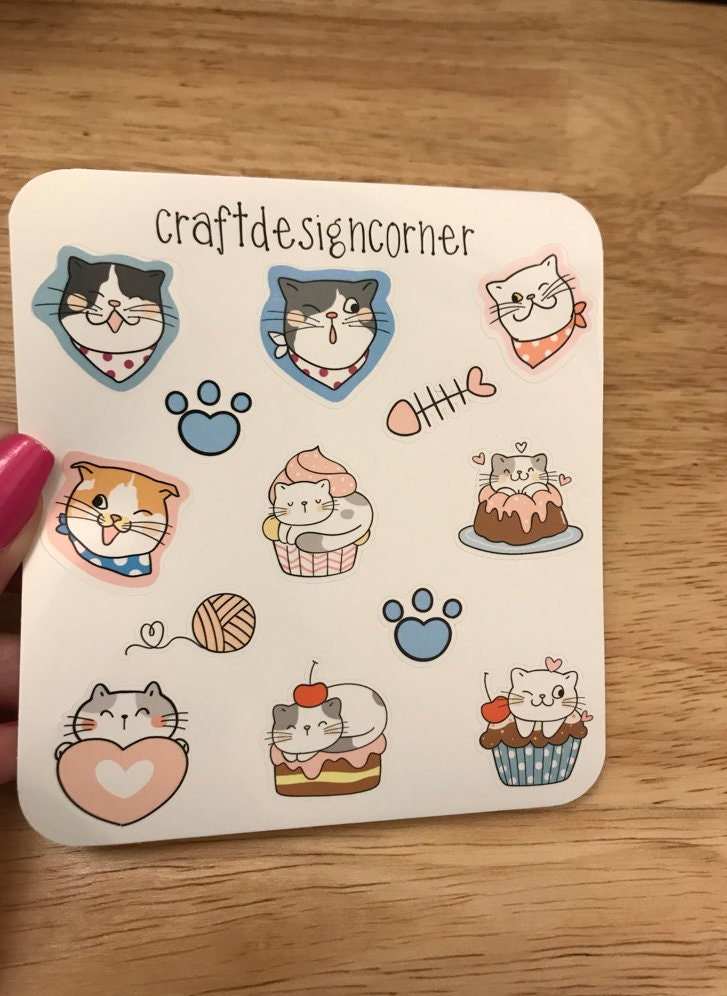 Sheet of Cute Hungry Cat Stickers, Cat Sticker sheet, Cat Food sticker sheet, Cute Cat Sticker Sheet
