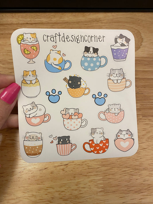 Sheet of Cute Teacup Cat Stickers, Cat Sticker sheet, Cat in tea cups sticker sheet, Cute Cat Sticker Sheet, tea cup cat stickers sheet