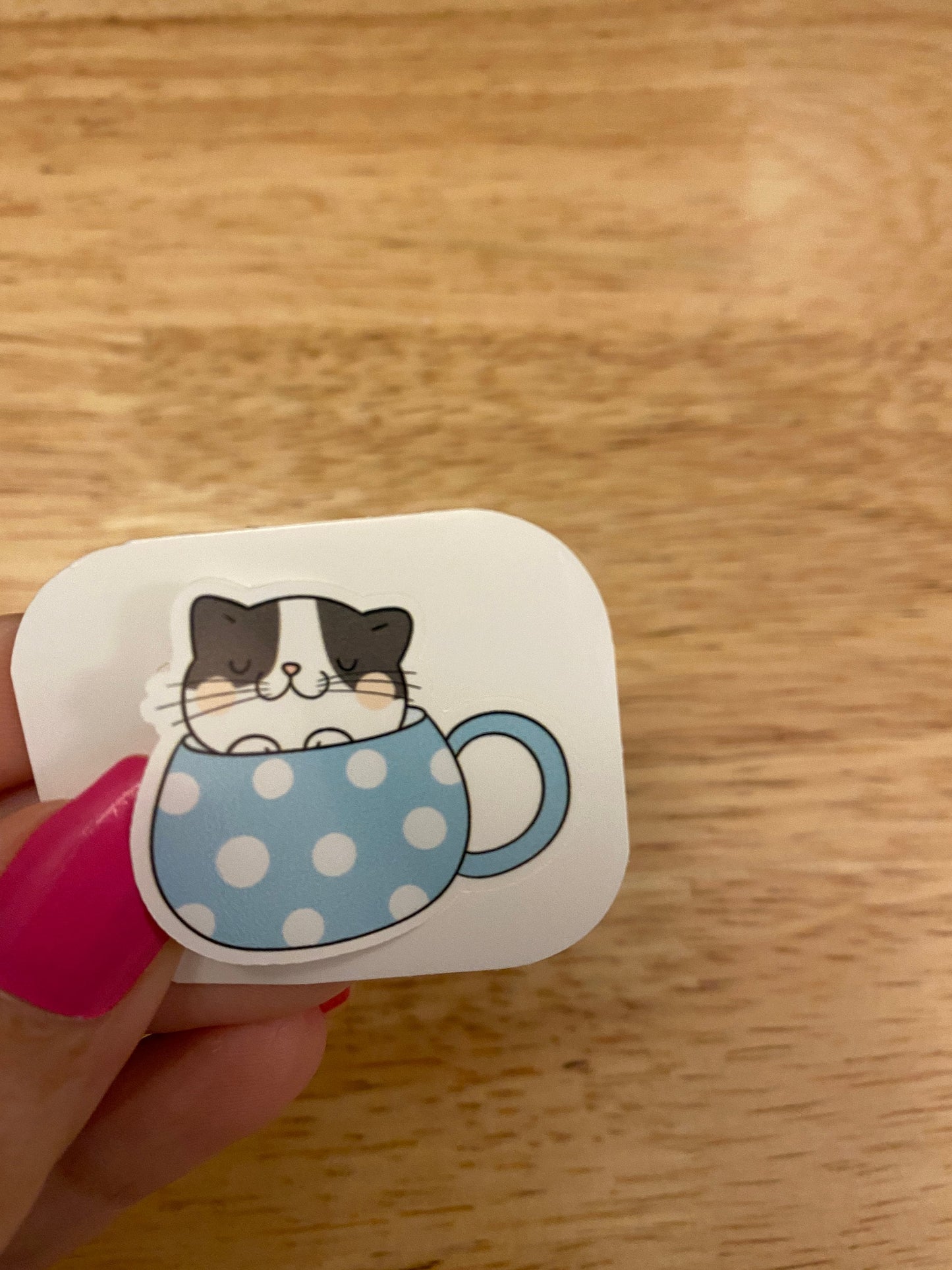 Blue Teacup Kitty STICKER, Cat in cup Sticker, Holographic option, Cute Cat Design Sticker, Coffee Cup cat sticker