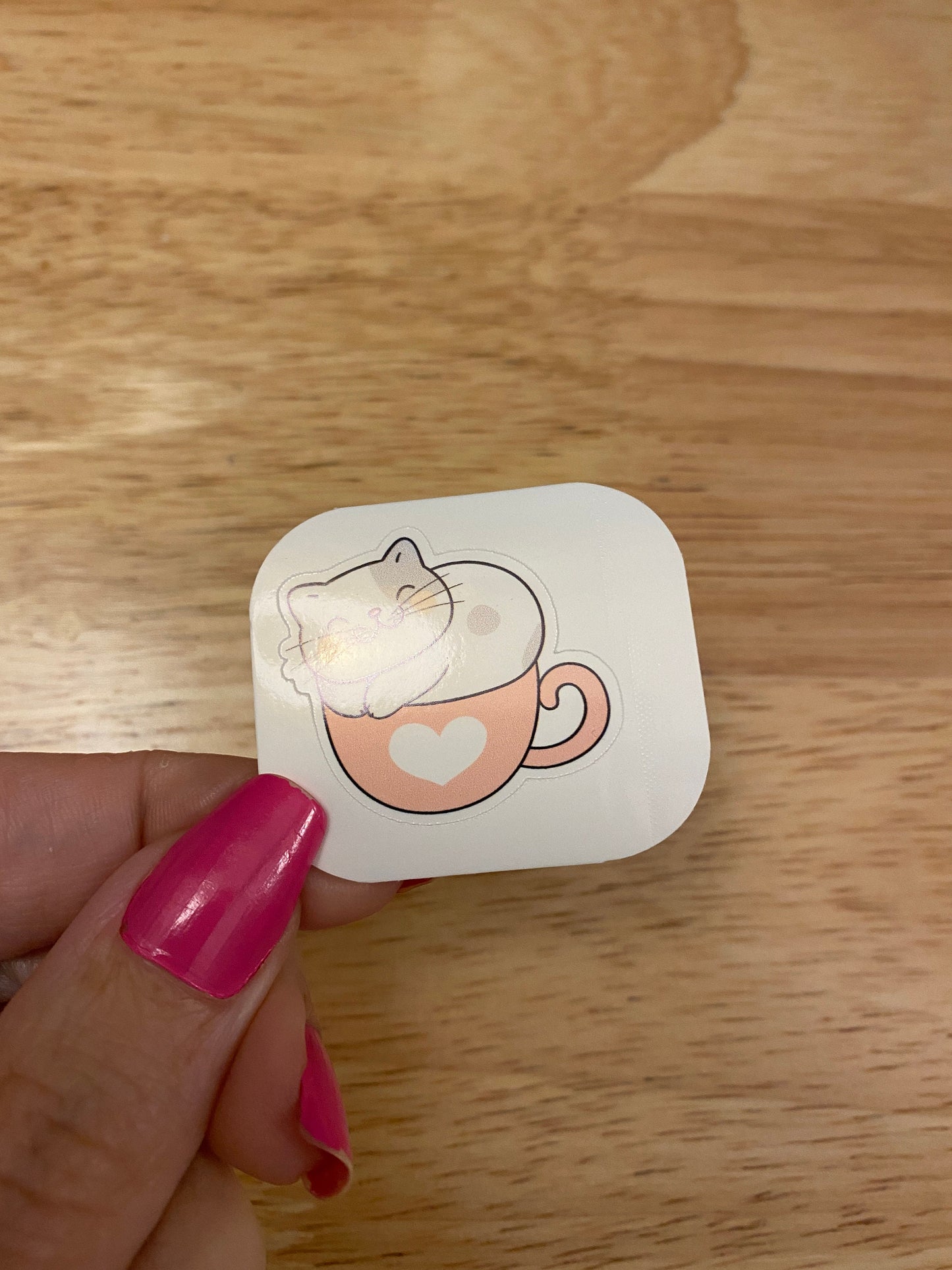 Pink Cup with Heart Kitty STICKER, Cat in cup Sticker, Holographic option, Cute Cat Design Sticker, Coffee Cup cat sticker