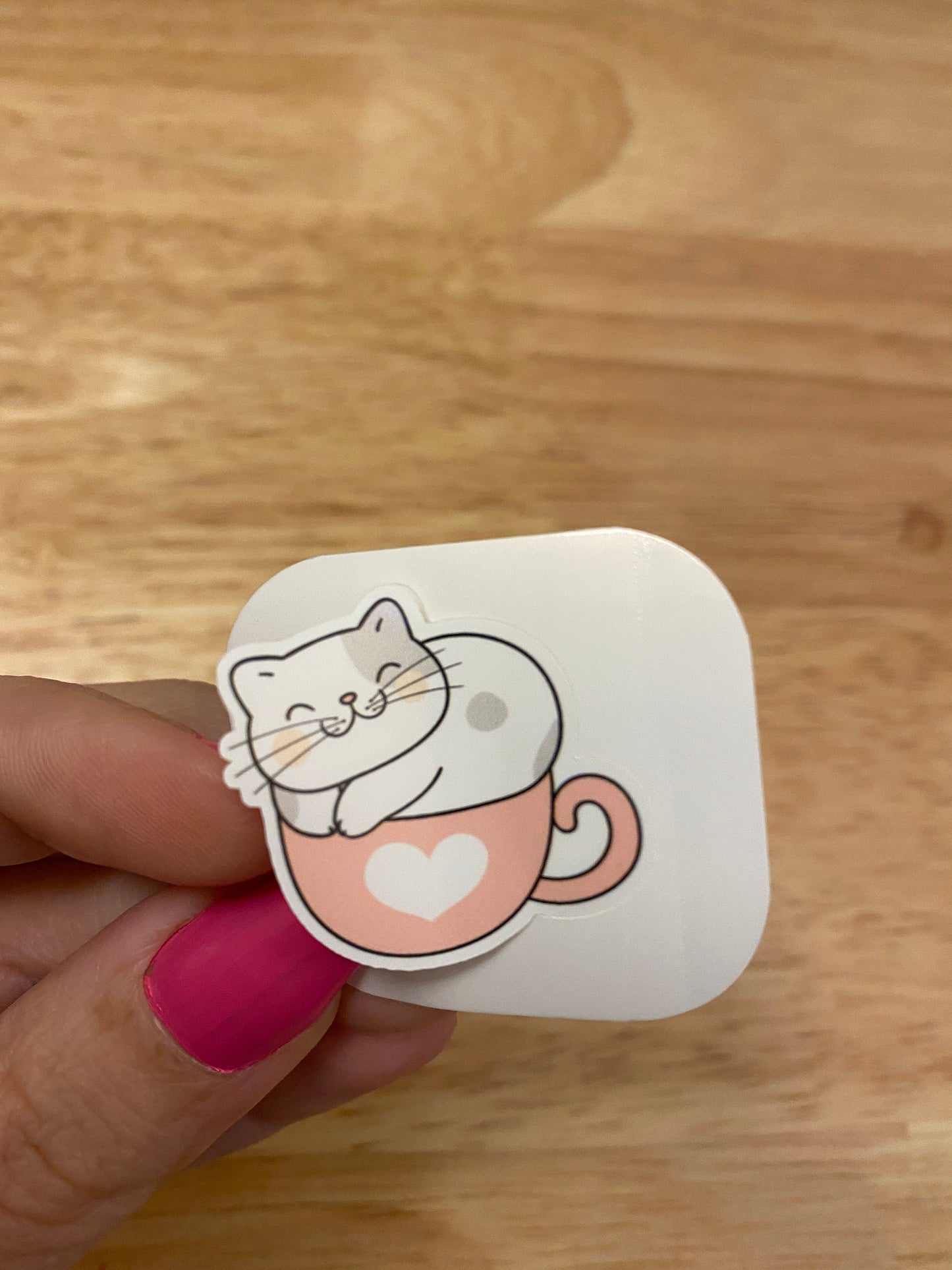 Pink Cup with Heart Kitty STICKER, Cat in cup Sticker, Holographic option, Cute Cat Design Sticker, Coffee Cup cat sticker