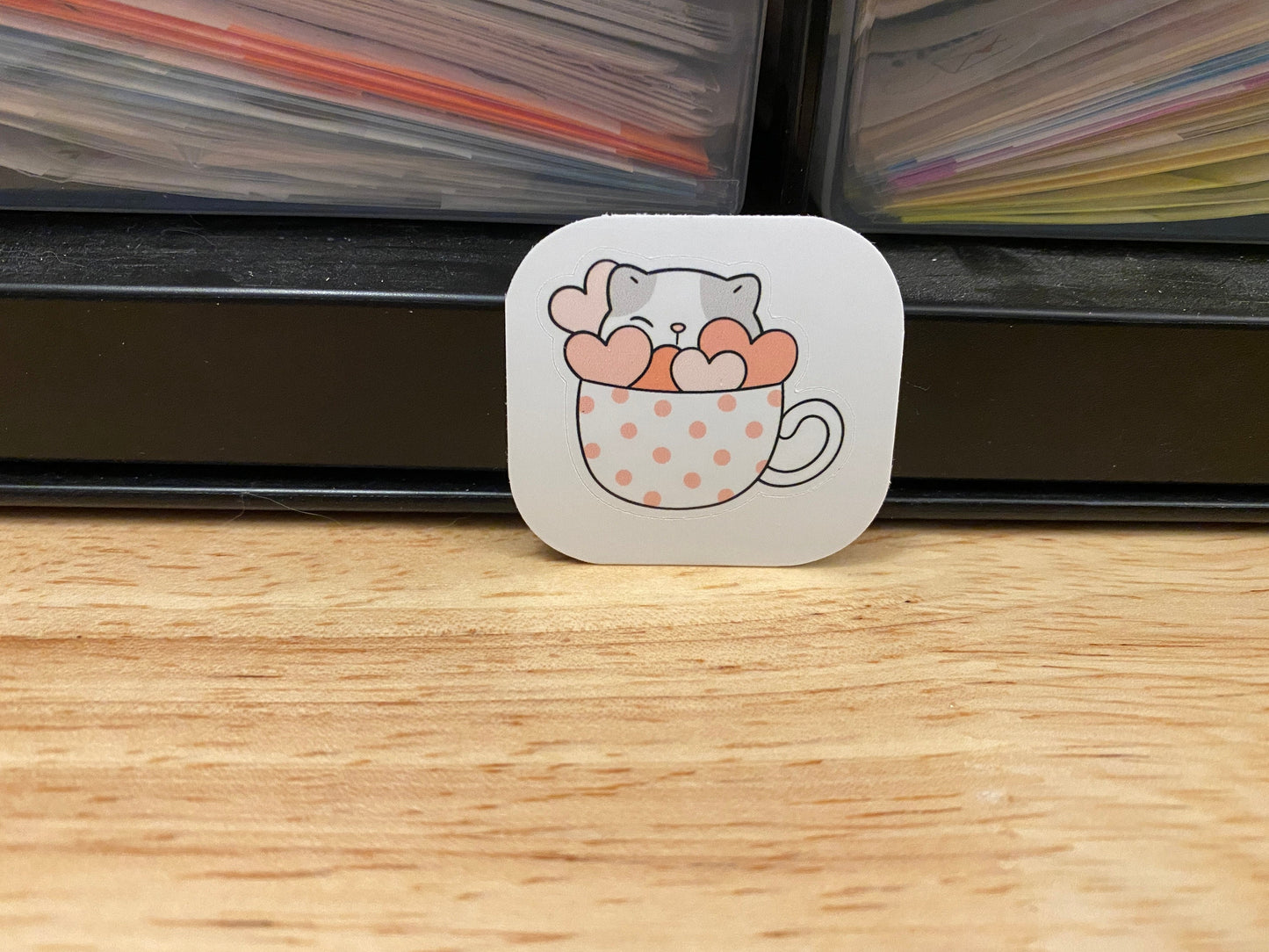 Poka dotted Cup with Hearts Kitty STICKER, Cat in cup Sticker, Holographic option, Cute Cat Design Sticker, Coffee Cup cat sticker