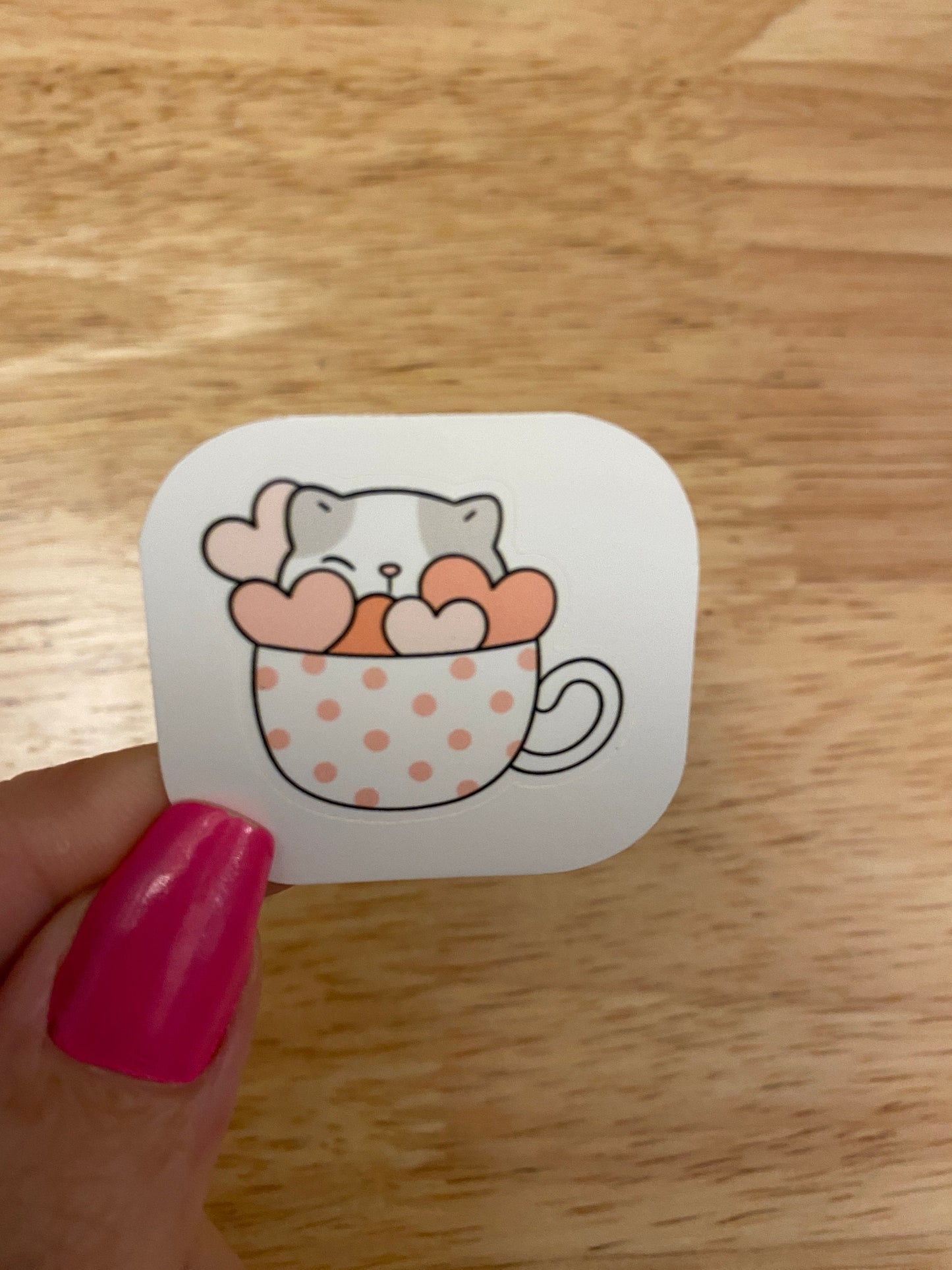 Poka dotted Cup with Hearts Kitty STICKER, Cat in cup Sticker, Holographic option, Cute Cat Design Sticker, Coffee Cup cat sticker