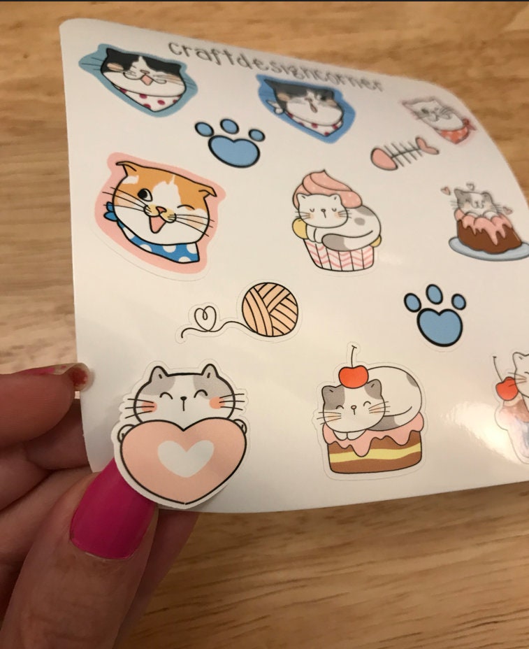 Sheet of Cute Hungry Cat Stickers, Cat Sticker sheet, Cat Food sticker sheet, Cute Cat Sticker Sheet
