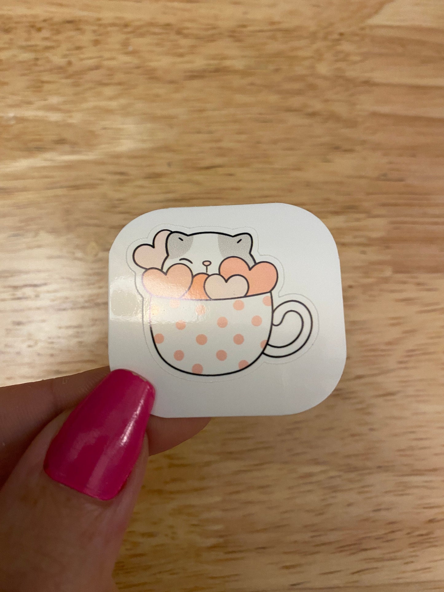 Poka dotted Cup with Hearts Kitty STICKER, Cat in cup Sticker, Holographic option, Cute Cat Design Sticker, Coffee Cup cat sticker