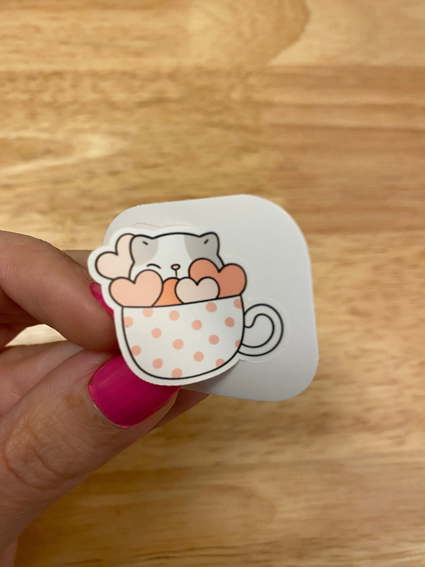 Poka dotted Cup with Hearts Kitty STICKER, Cat in cup Sticker, Holographic option, Cute Cat Design Sticker, Coffee Cup cat sticker