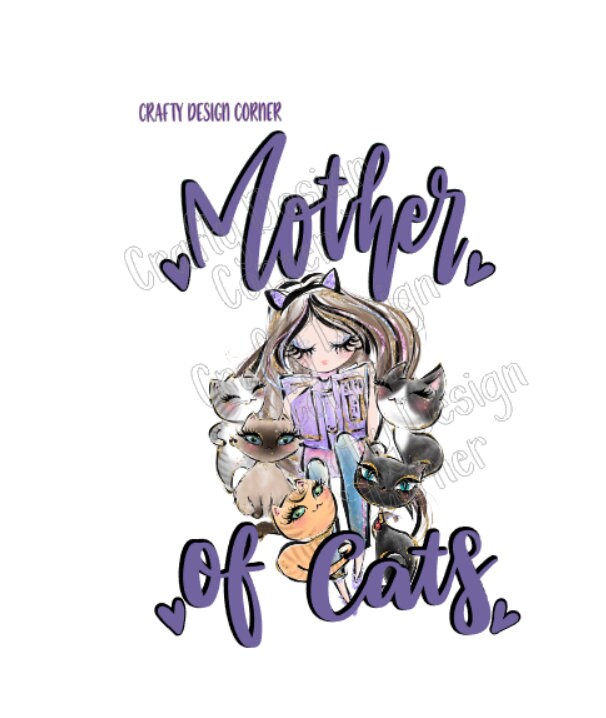 Cat Lady Mother of Cats Digital Downloads, Cats and reading Png / JPeg Design, Cat Lady with Books clipart, Cute cat clipart, Cat Png