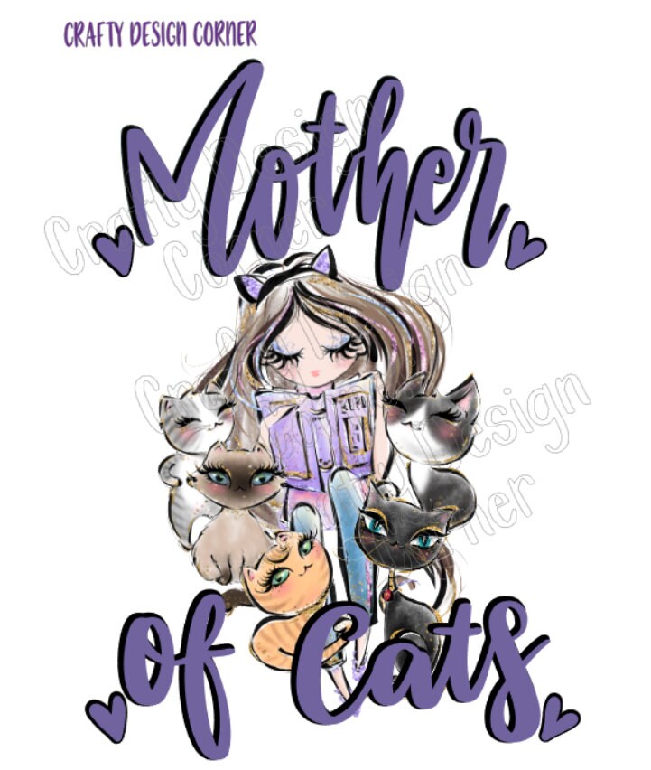 Cat Lady Mother of Cats Digital Downloads, Cats and reading Png / JPeg Design, Cat Lady with Books clipart, Cute cat clipart, Cat Png