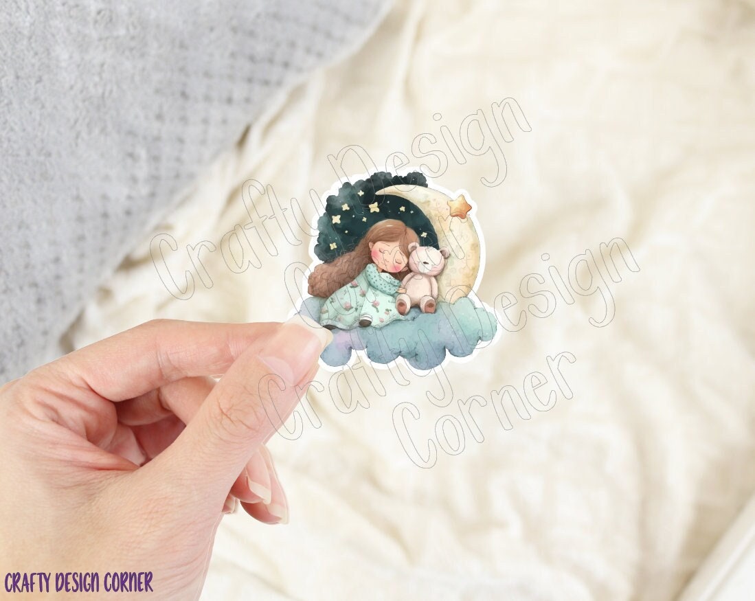 Girl sleep on Moon Sweet Dreams STICKER, Cute Sleeping on the moon sticker, Holographic option