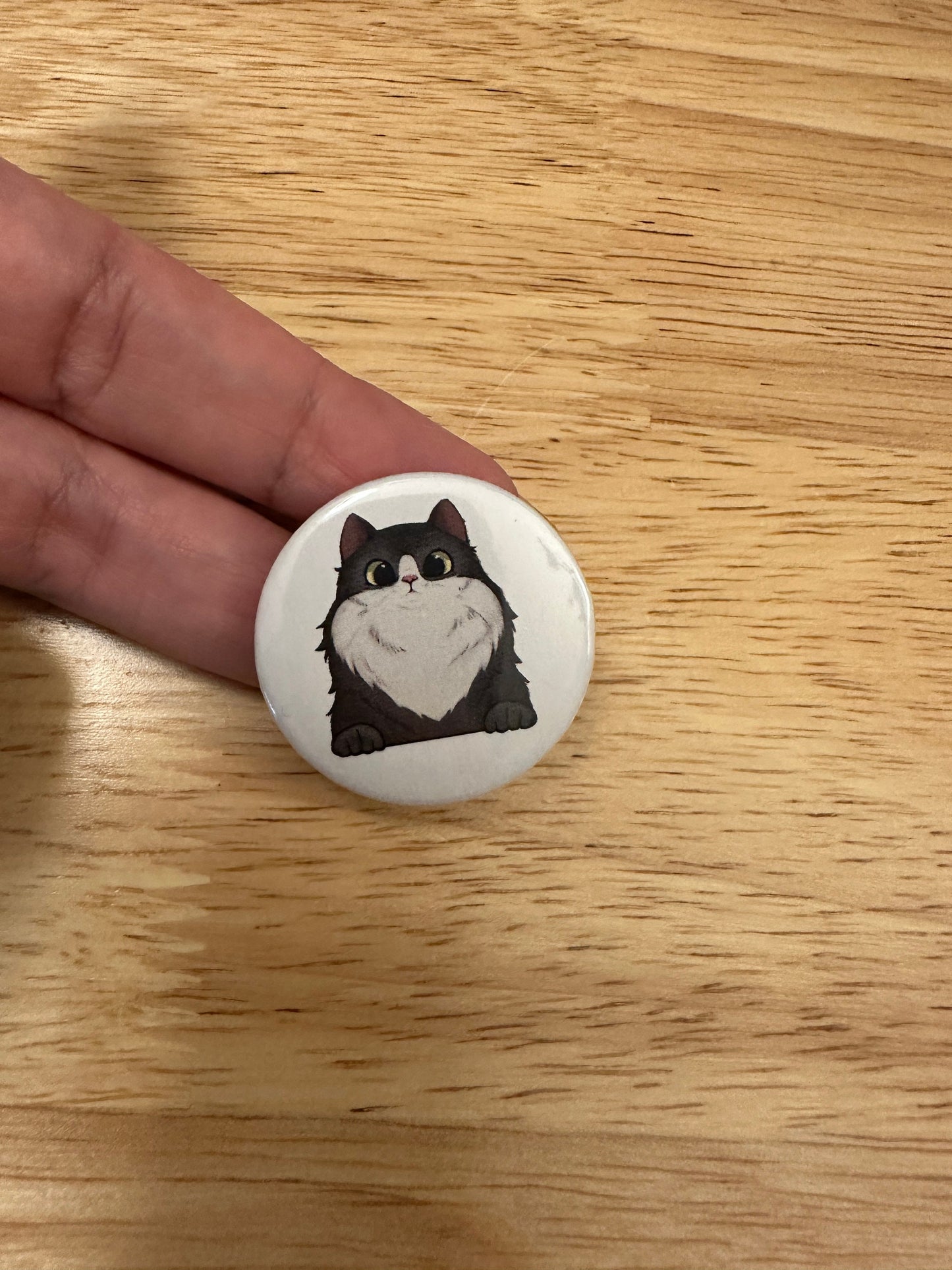 Tuxedo Cat 2.25" Button Pins or 1.25" Button options, Back Pack Decoration, Cat Pin, Cat designed pinback, Grey Tux Cat, Grey and white cat