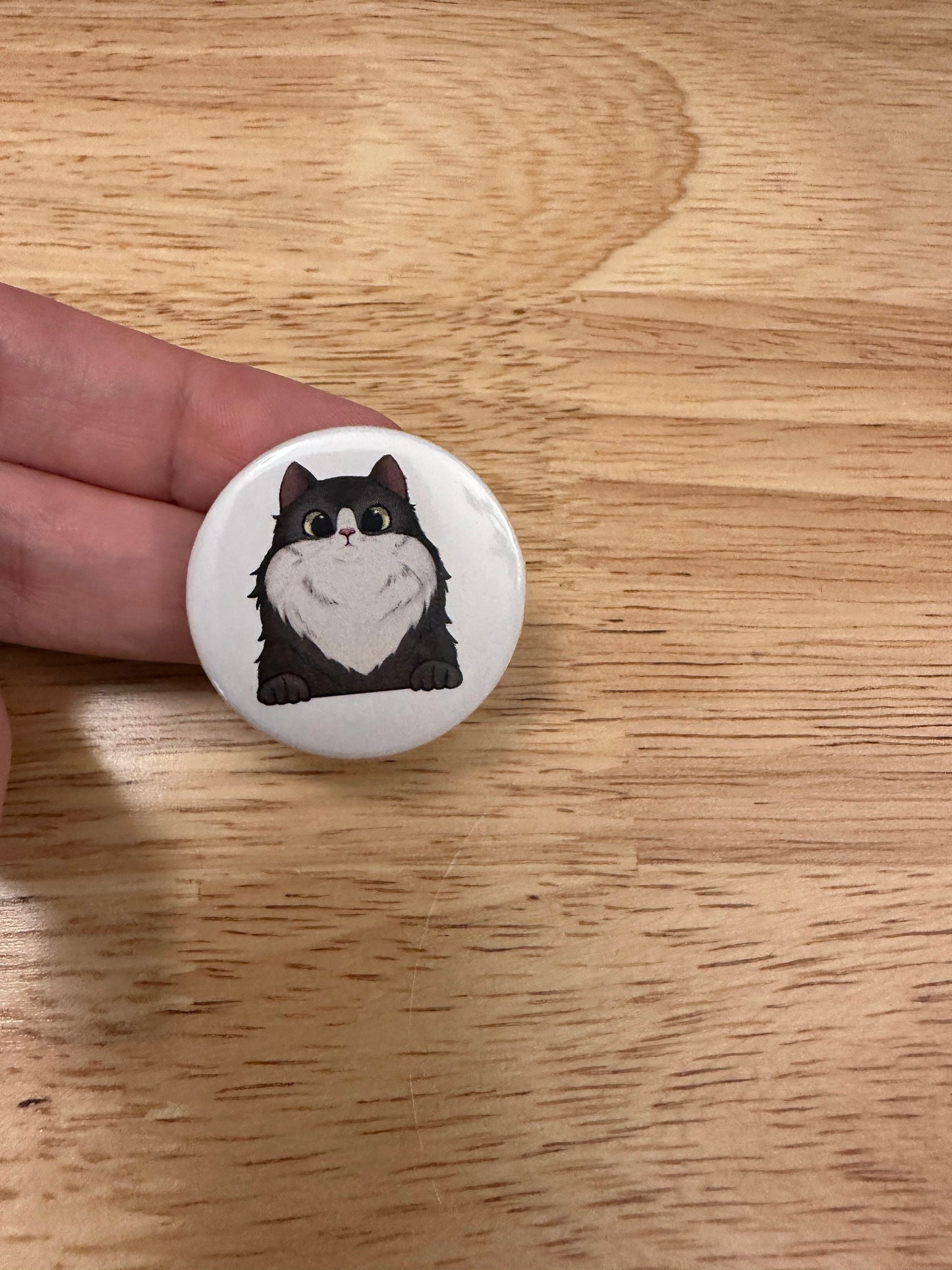 Tuxedo Cat 2.25" Button Pins or 1.25" Button options, Back Pack Decoration, Cat Pin, Cat designed pinback, Grey Tux Cat, Grey and white cat