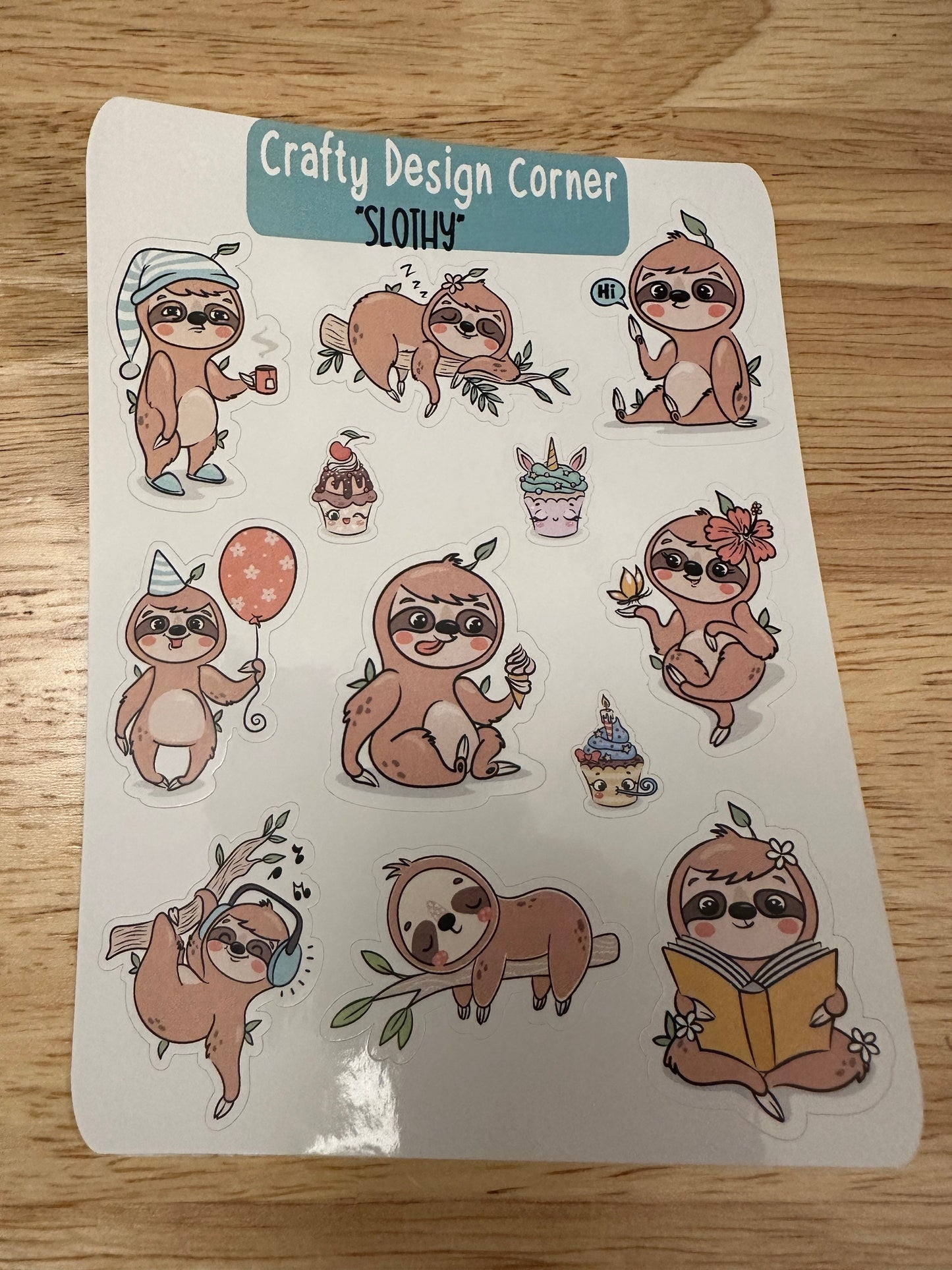 1.5" Sloth Sticker sheet, Cute Sloth Stickers, Cupcakes with Sloth Sticker Sheet, Sloth eating, sloth sleeping, Musical Sloth