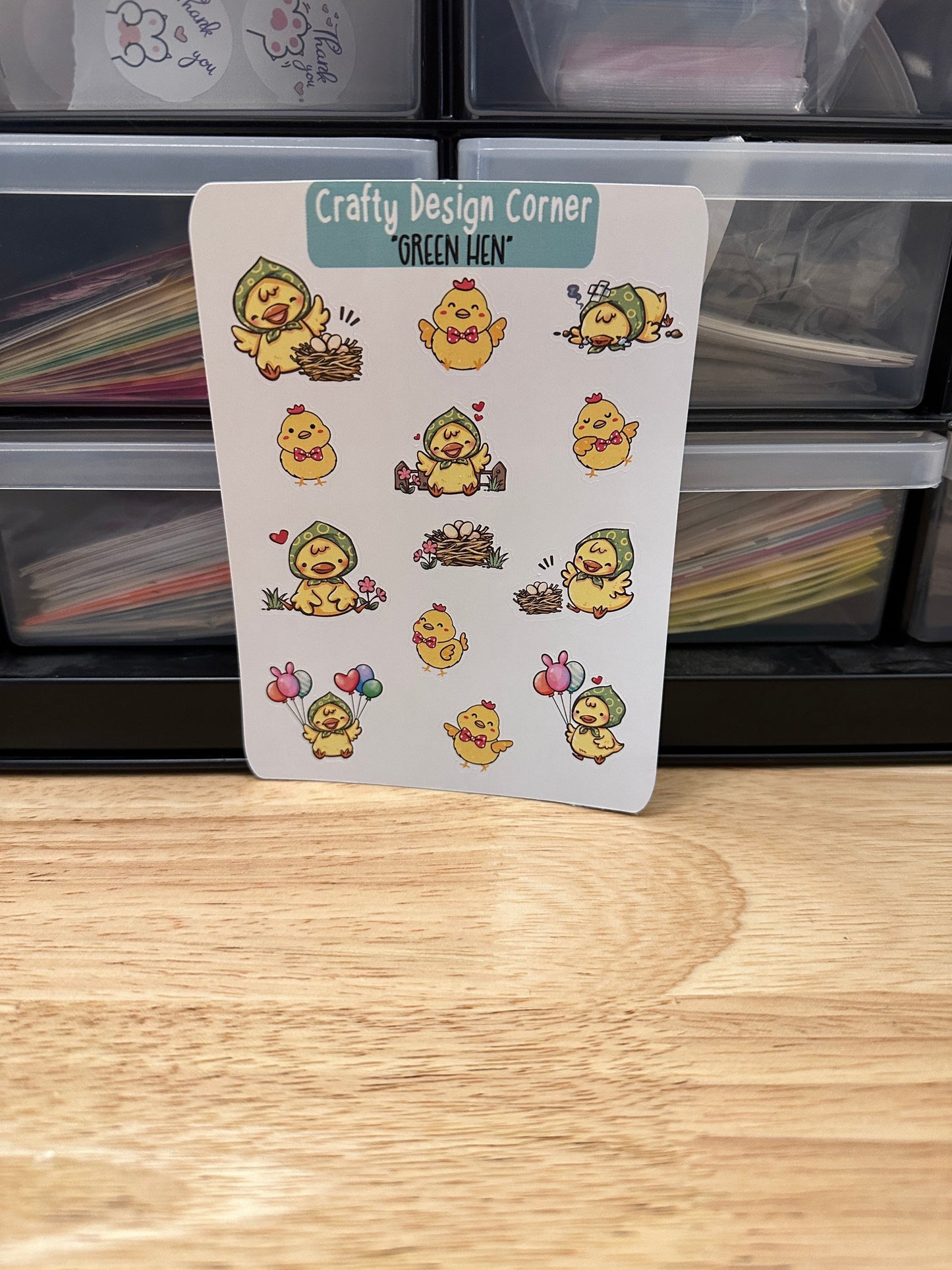 1.1" Green Hen with Yellow Chicks Sticker sheet, Cute Yellow Chicks Sheet, Mother Hen with eggs