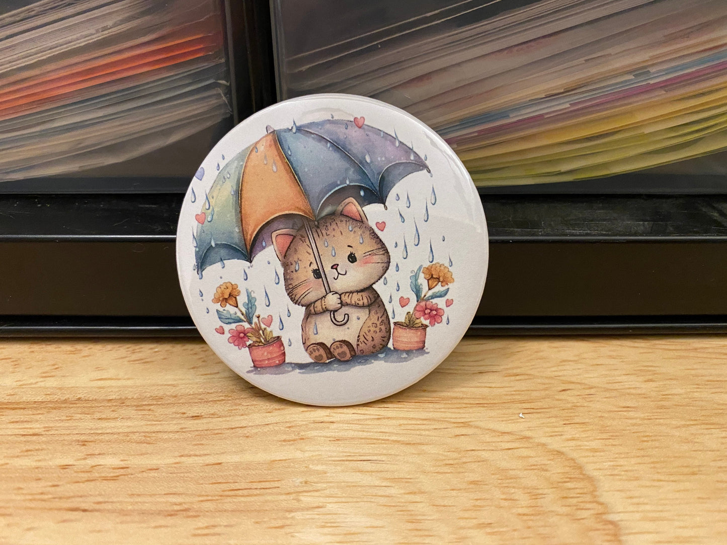 Brown Tabby Cat with Umbrella 2.25" Button Pins or 1.25" Button options, Back Pack Decoration, Cat Pin, Cat designed pinback