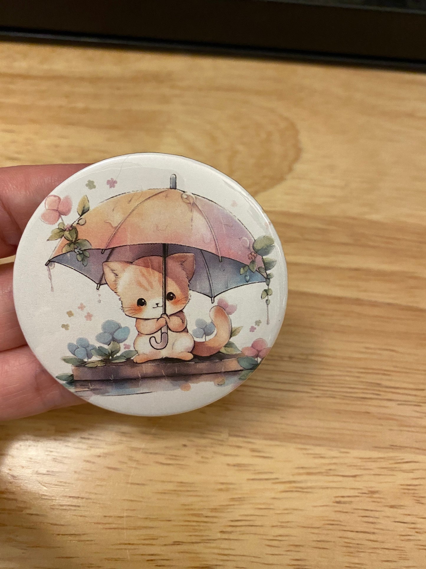 Cream Umbrella Cat 2.25" Button Pins or 1.25" Button options, Back Pack Decoration, Cat Pin, Cat designed pinback, Raining Cat with umbrella