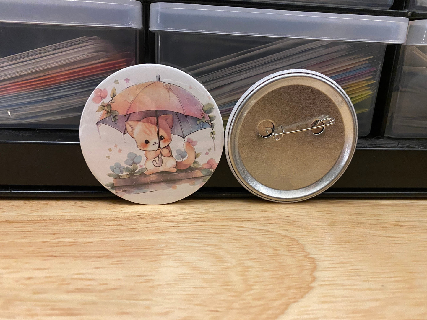 Cream Umbrella Cat 2.25" Button Pins or 1.25" Button options, Back Pack Decoration, Cat Pin, Cat designed pinback, Raining Cat with umbrella