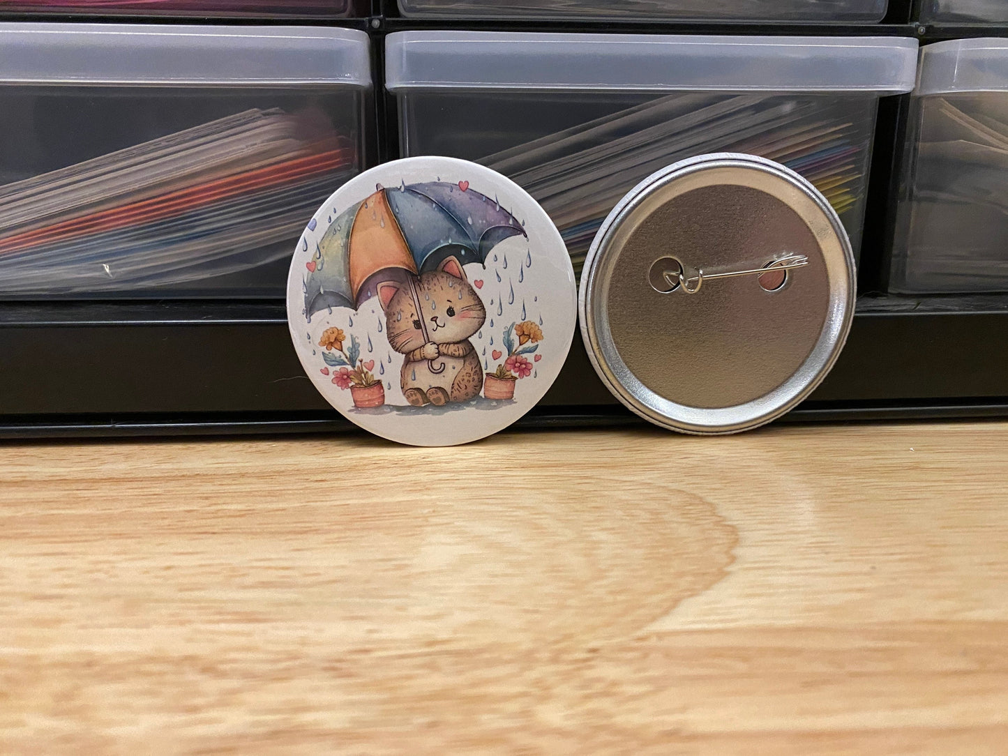 Brown Tabby Cat with Umbrella 2.25" Button Pins or 1.25" Button options, Back Pack Decoration, Cat Pin, Cat designed pinback