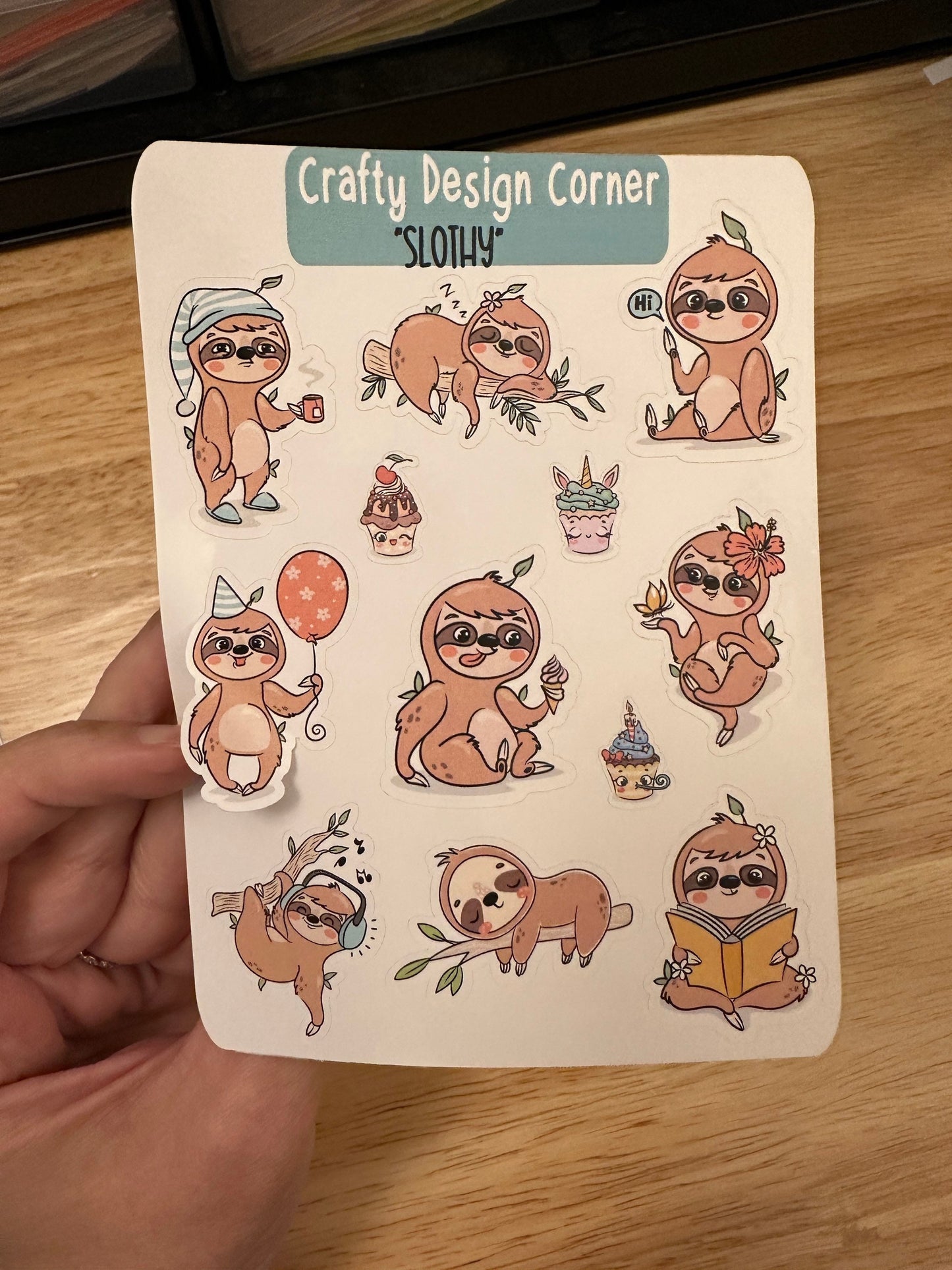 1.5" Sloth Sticker sheet, Cute Sloth Stickers, Cupcakes with Sloth Sticker Sheet, Sloth eating, sloth sleeping, Musical Sloth