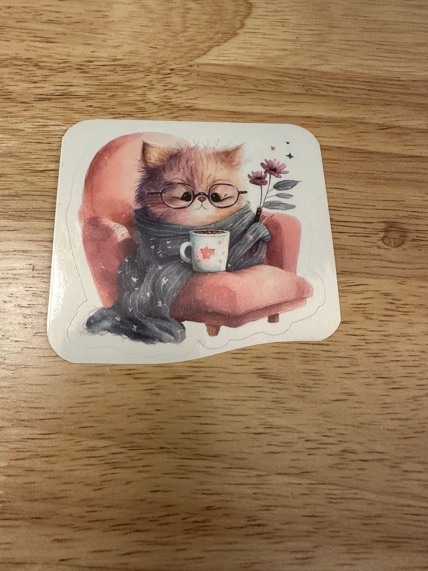 Relaxing Cat with glasses Sticker, Cute Cat with Coffee sticker, Halographic option